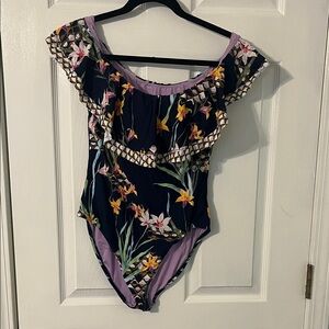 Trina Turk ladies Floral One Piece - Navy and Purple on or off the shoulder